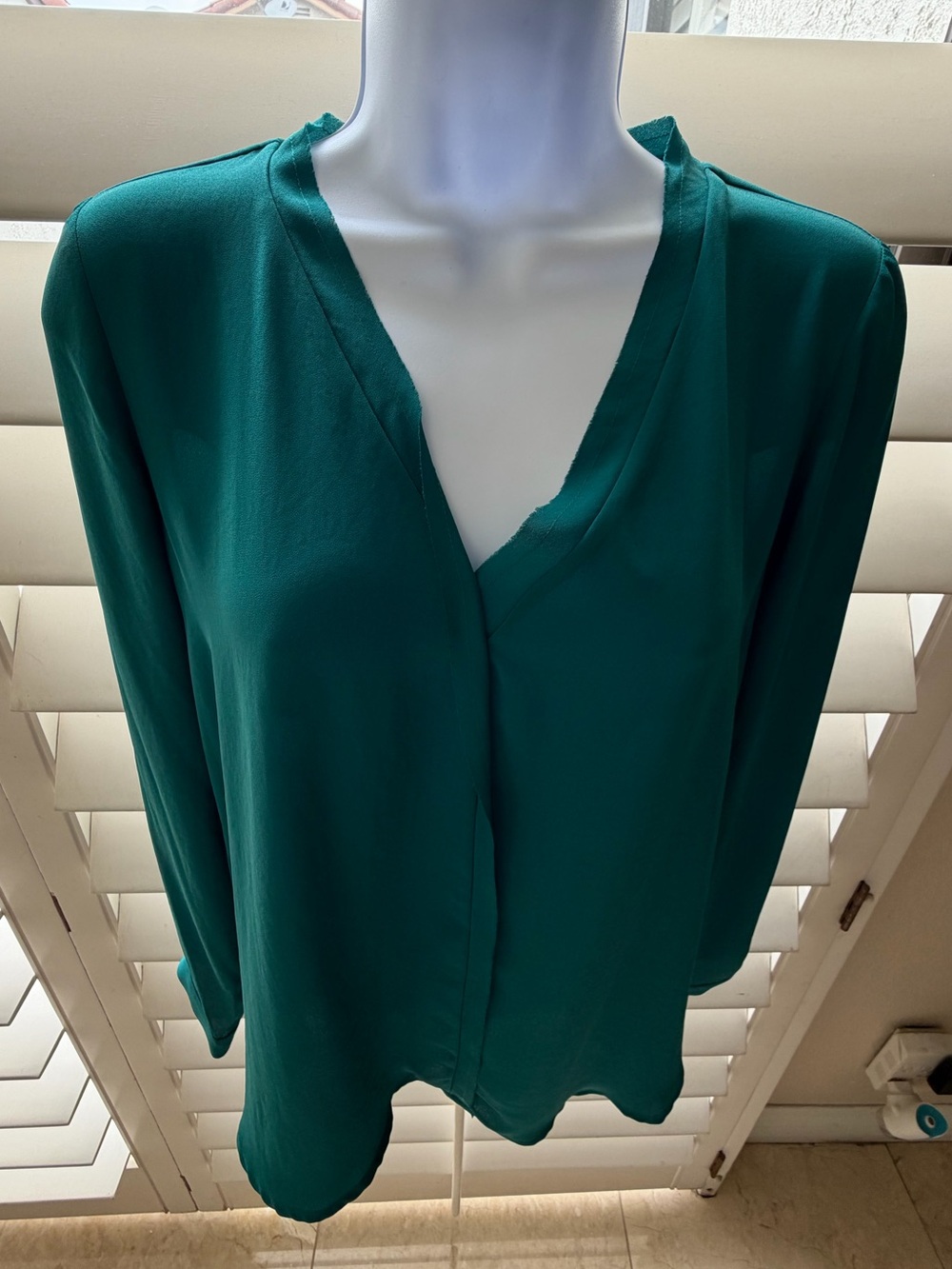 Pleione Teal V-Neck Blouse with Long Sleeves